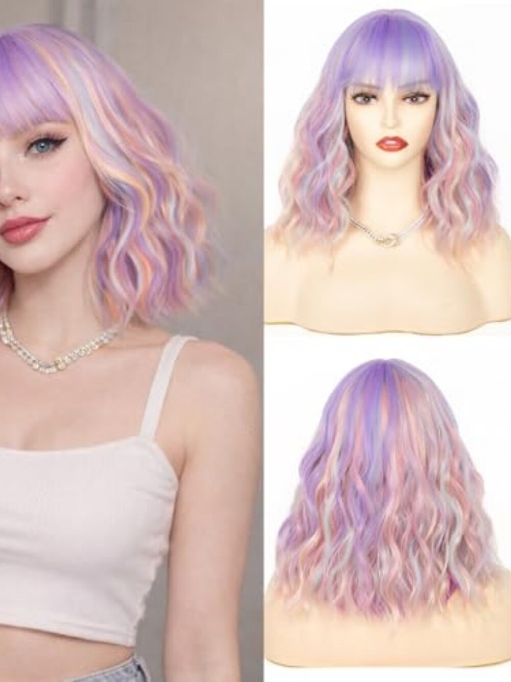 Colorful Bob Wig with Bangs, 14 Inch Short Wig for Women, Shoulder Length Wavy
